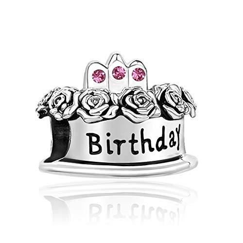 Image of Birthstones Happy Birthday Cake Charms Compatible with Pandora Charms Moments Bracelets Candle Crown Celebration Beads