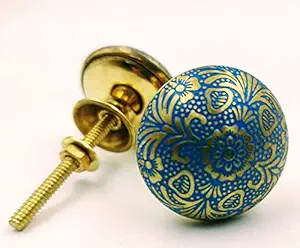 Qarzun Classic Blue Flower Set of 2 Door Knobs/Drawer Pulls and Push Handle/Knobs for Cabinets/Wardrobes/Nautical Hardware Decor, 32 mm
