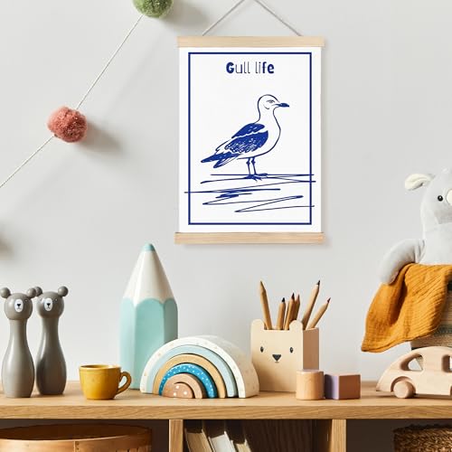 Image of PQKIY Funny Blue Coastal Seagull Bird Wall Art Poster Hanger Frame 12x16 in, Blue and White Nautical Ocean Bird Beach Wall Decor Canvas Prints for Beach House Room Home Bedroom