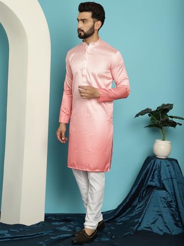Image of SOJANYA (Since 1958, Men's Jacquard Silk Multi Shade Sequinned & White Pyjama Set