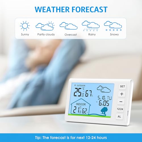 AMIR Indoor Outdoor Thermometer Wireless Weather Station - Backlight Outdoor Thermometer Battery & Type-C Powered, Hygrometer Monitor with Max/Min,Alarm,Snooze