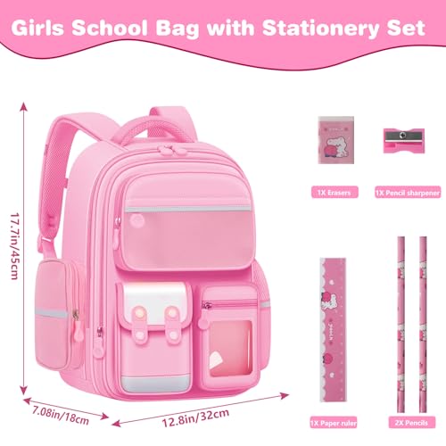 School Bags for Girls with Stationery Set, Large Capacity Kids Backpack Rucksack for Primary School, Lightweight Pink Back Pack Bag for 8-10 Years Old(Girls, Pink A)
