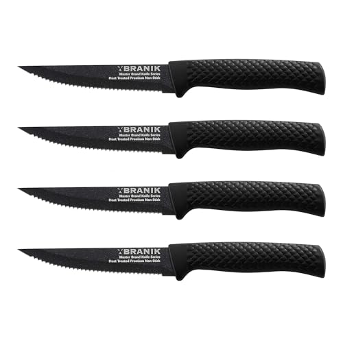 BRANIK Titanium Series Steak Knife Set of 4 – Premium Steel Serrated Steak Knives, 5-Inch Blades, Non-Slip Ergonomic Handles, Dishwasher Safe – Ideal for Dining, BBQs, Dinner Parties & Gifts – Black
