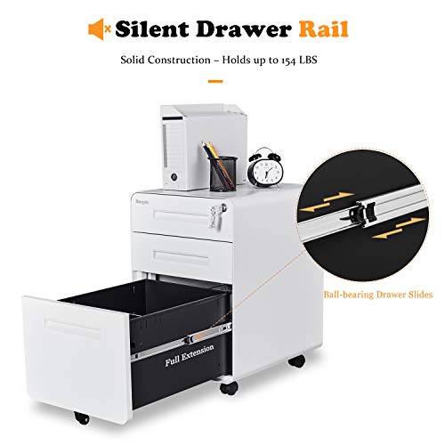 Bonnlo 23.8" H 3 Drawer Rolling File Cabinet With Lock, Mobile File Cabinet Under Desk With Pencil Tray, White Locking File Cabinet For Home Office, Metal Filing Cabinet Printer Stand Fully Assembled #TOP2