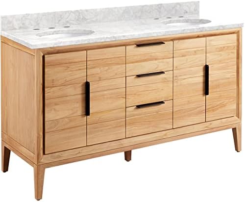 Signature Hardware 953343-60-UM-8 Aliso 60" Free Standing Double Vanity Set with Teak Cabinet, Vanity Top, and Oval Undermount Sink - 8" Faucet Holes - Natural Teak/Carrara