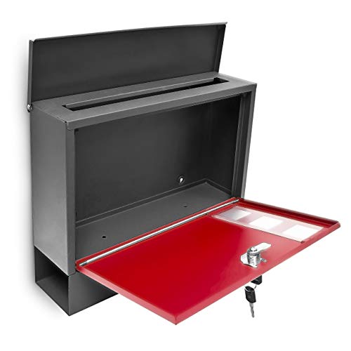 Relaxdays Briefkasten mit Zeitungfach, HBT: 30 x 36 x 10 cm, Metall, mit 2 Schlüsseln, moderner Postkasten, schwarz/rot