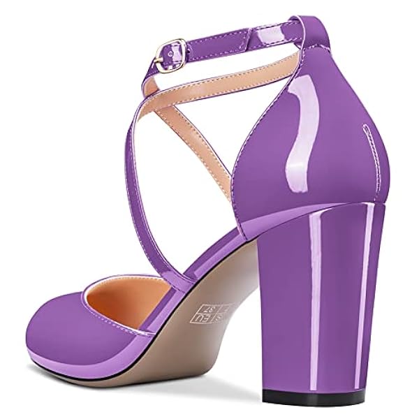 MAGIOPY Mujer Chunky Ancho Medio Heel Redonda Punta Pumps Correa Cruzada Cierre con Hebilla de Boda Fiesta Dress Zapatos 8.5 CM Heels