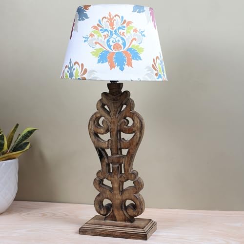 Image of tu casa Mangowood Rustic Brown French Table Lamp for Home Decoration, Bedroom, Living Room, Lounge, Office, Festival Gifting, Study Table (English Oak Print with Satin Shade) H - 21 inch / No Blub