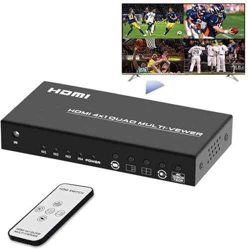 4K HDMI Multiviewer Switch 4x1, Seamless HDMI Quad Multi-Viewer Switch 4 in 1 Out with IR Remote, Support 5 Display Modes 4K@30Hz for Security Cameras, HDTV, PS3/4/5, Xbox