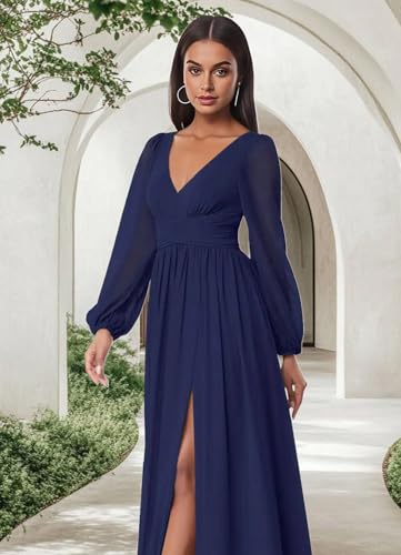 firfig Women Mesh Deep V Neck Open Back Sheer Long Sleeve Slit Leg Bridesmaid Maxi Dress Cocktail Party Wedding Guest Dresses4