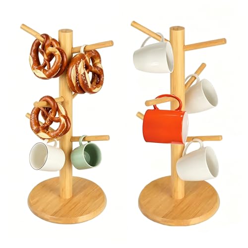 DYHNQE 2 Stück Hölzerne Tassenständer 34x18cm Kaffeetassenständer Dickerer Boden Brezelständer Stehend Kaffeebecher mit 6 Haken Baumbecherhalter für Partys Zuhause Küchenschrank Küche