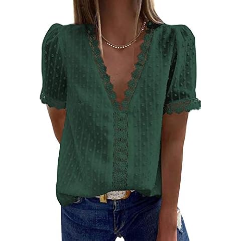 XINGENG Blusa de Mujer Elegante con Encaje de Moda (Verde, 3XL) Cover