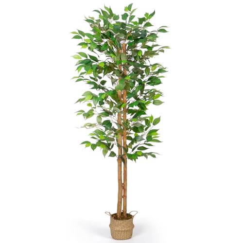 Artificial Ficus Tree with Realistic Leaves and Natural Trunk, Faux Ficus Tree with Sturdy Plastic Nursery Pot, Fake Ficus Tree for Office Home Farmhouse for Indoor Outdoor Decor,6-Feet, Green