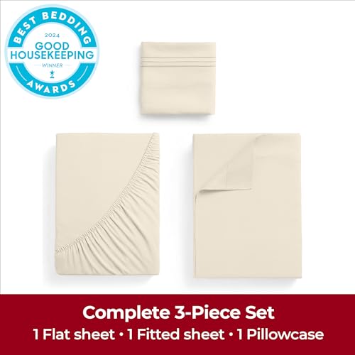 Image of Mellanni Extra Deep Twin XL Sheets - 3 PC Iconic Collection Bedding | Hotel Luxury, Ultra Soft, Cooling Bed Sheets - Wrinkle, Fade, Stain Resistant (Twin Extra Long, Golden Ivory)