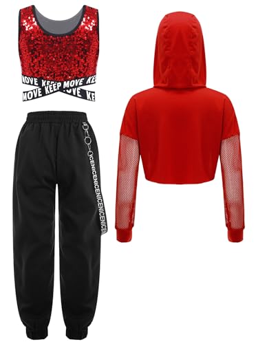 iiniim Kids Girls 3 Piece Tracksuit Shiny Crop Tops Hoodie and Jogger Pants Set Hip Hop Modern Jazz Street Dancewear2