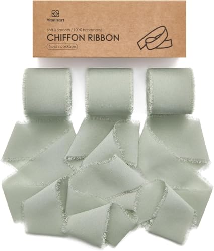Vitalizart Sage Green Handmade Chiffon Silk Ribbon Fringe 3 Rolls 1.5" x 21 Yd Frayed Edges Ribbons for Wedding Invitations Bridal Bouquets Gifts Wrapping Crafts Holiday Decor