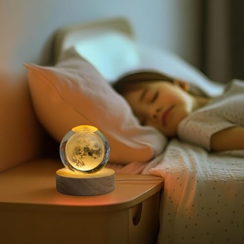 Image of Desidiya 3D New Moon Crystal Night Light Decorative Quartz Glass Ball Bedroom Table Light, Engraved Model Astronomy Decor, Universe Gift for Loved Ones