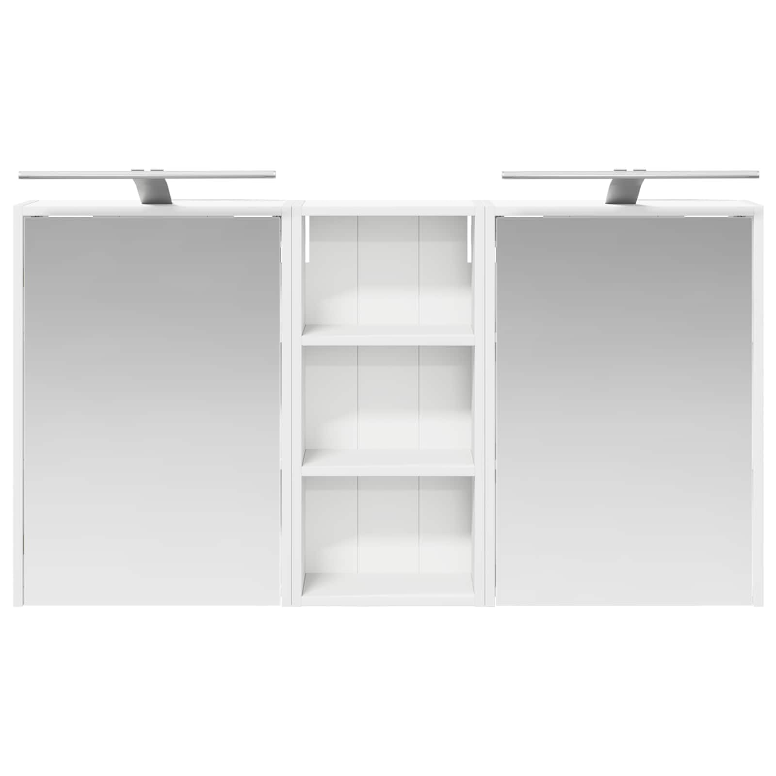 Zestaw szafek łazienkowych z materiału drewnopochodnego z 3 elementami 116 x 16 x 62,5 cm, montowana na ścianie z oświetleniem LED i dwukierunkowym lustrem, miejsce do przechowywania