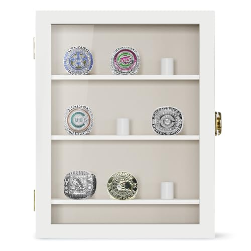 Image of TJ.MOREE 9 Rings Championship Ring Display Case 8x10 Wall Mount Wooden | Shadow Box with Locks to Show Sport, Class, Fraternity, and Award Rings, White