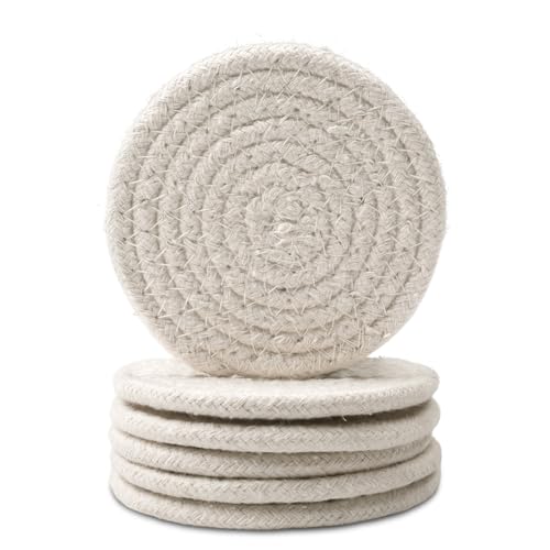 Image of Encasa XO Drink Coasters Set of 6 | Off White with Round (9 cm) | Handcrafted Ribbed Cotton | Absorbent & Heat-Resistant | Use for Tea, Coffee Table & Desk