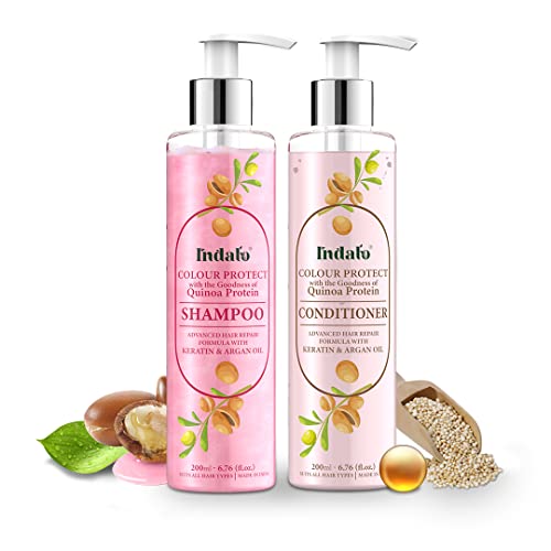 Indalo Quinoa Protein Colour Protect Shampoo (200ml) and Conditioner (200ml) with Argan Oil for Colour and Damaged Hair Repair – Keratin Hair Treatment Smoothing Hair, Free of Sulphate, Paraben (Combo)