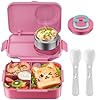 DaCool Upgraded Kids Lunch Box with Thermo for Hot Food 1400ml Child Bento Box for Kids with 5oz Small Thermo for Girls Boys with Fork Spoon Leakproof for Dining Out School Work Picnic, Rose-pink