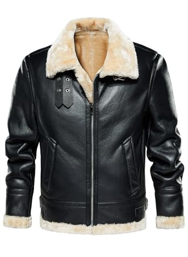 HOOD CREW Men’s Faux Leather Jacket Vintage Bomber Jacket with Artificial Fur Lining Warm Winter Leather Coat