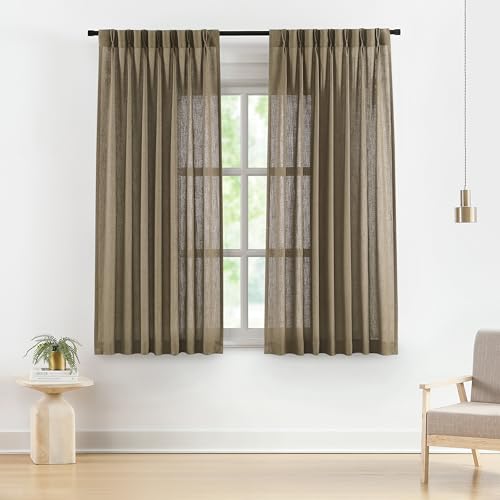 Image of Vision Home Brown Pinch Pleated Semi Sheer Curtains Textured Linen Blended Light Filtering Window Curtains 72 inch for Living Room Bedroom Pinch Pleat Drapes with Hooks 2 Panels 40 inch Wx72 L