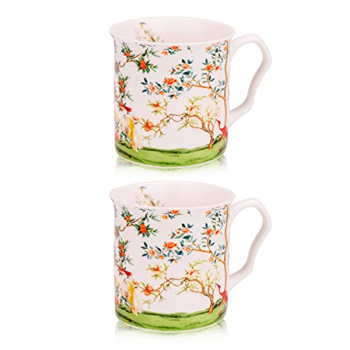 Alyc Fine China Coffee Mug Set – Bird And Branch Flower Teacup Design – 2Pack Porcelain Tea Cups With Gift Box (Tankard 10 Oz) #TOP2
