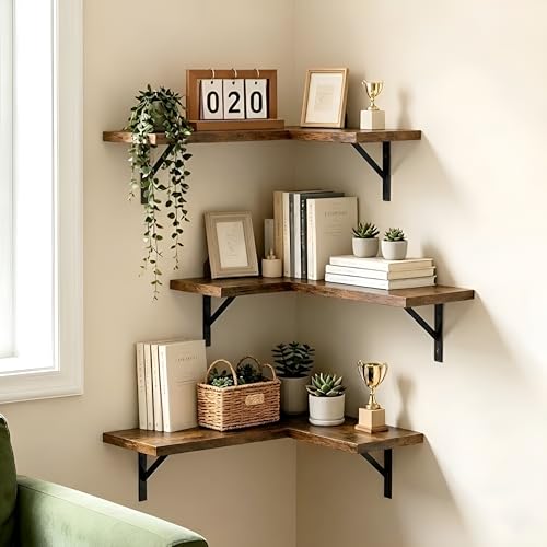 Image of OXMIC Corner Wall Floating Shelves, Book Shelf for wall, Corner Shelf for Living Room Decor, Natural Wood MDF, Rustic Brown, Set of 3, with Metal Brackets
