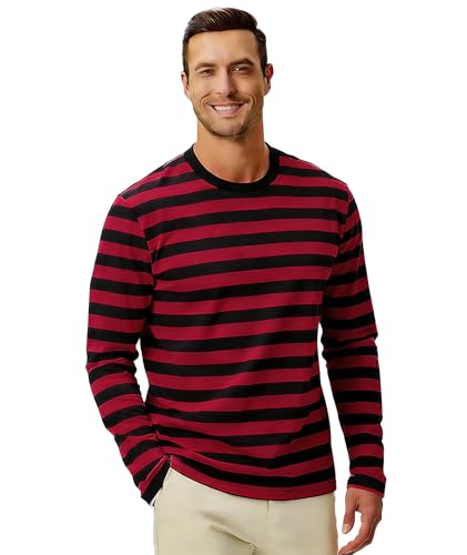 Image of KESIHAN Mens Striped Long Sleeve Shirt Crewneck Casual T-Shirt Basic Stripe Cotton Spandex tee Shirt
