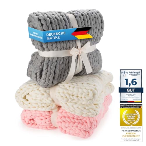 Feluna® Grob gestrickte Kuscheldecke - Grobstrick Wolldecke Strickdecke Tagesdecke Überwurf Decke für Wohnzimmer & Gästezimmer (Wolkengrau)