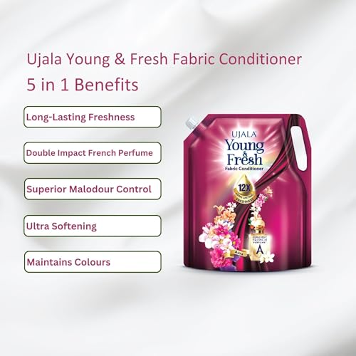 Image of UJALA Young & Fresh Fabric Conditioner - 2L Pouch [ Aura ] | After Wash Fabric Conditioner with Long-Lasting Fragrance | Powered with French Perfume | Suitable for Bucket Wash and Machine Wash,Liquid