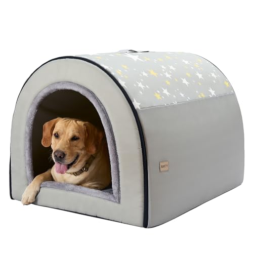 Jiupety Hundehütte Indoor Große Hunde Isoliert,2-in-1 Hundehöhle Kuschelhöhle, Größe 3XL (99 x 81 x 71 cm) Hundehaus für Drinnen, Dog House, Sterngrau