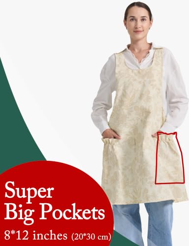 Image of Cozy Adjustable Cross Back Aprons for Women with Pockets Cotton Linen Cooking Kitchen Baking