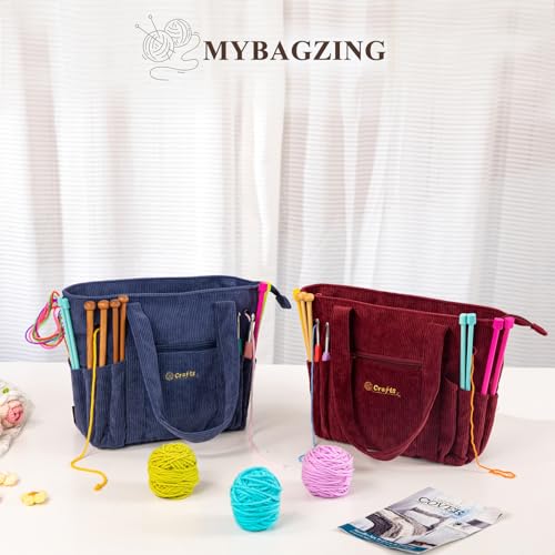 Image of MYBAGZING Crochet Bag and Tote - Corduroy Yarn Bag - Yarn Holder for Crocheting - Crochet Storage Bag for Crochet Hooks, Crochet Accessories, Knitting Bag for Crochet Lovers, Mother's Day Gift