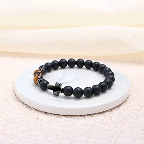 Uncle Gifts From Nephew Niece Mens Elastic Cross Bracelet Natural Stone Tiger Eye Black Beaded Bracelets For Men Pulseras Para Hombres Christmas Fathers Day Birthday Thanksgiving Jesus Easter Thank You Gift #TOP3