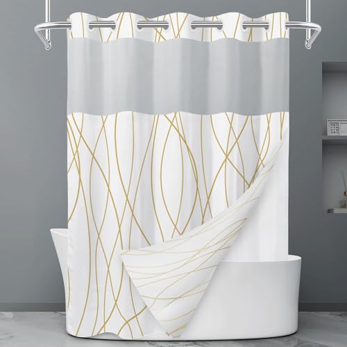 LXBNI No Hook Gold White Striped Shower Curtain with Snap in Liner Set - Hotel Shower Curtain and Liner Set with See Through Mesh Top Window,Machine Washable, 71x74 INCH