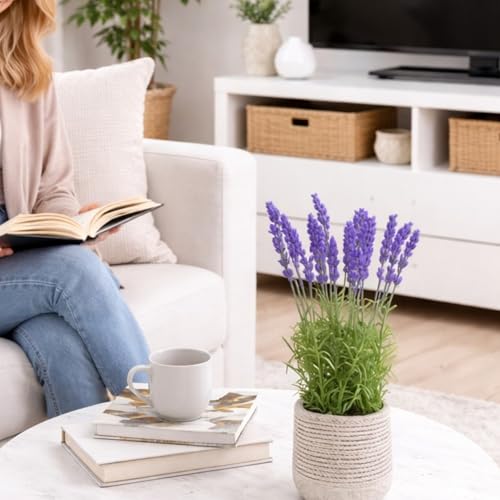 Image of Garden Art Artificial Lavender Plant with Pot - Flocked Purple Lavender Flowers in Textured Pot, Perfect for Home Decor, Office Desk & Gift Use (P-0230Purple)