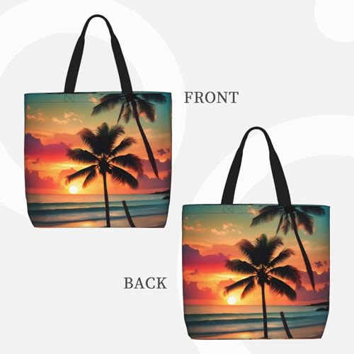 Tropical Beach Palm Tree Print Tote Bags, Large Capacity Zipper Shoulder Bag, For Shopping, Work, Daily3