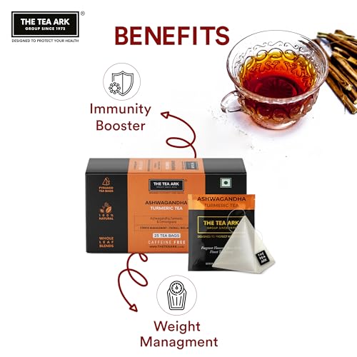 Image of The Tea Ark Ashwagandha Tea Bags (25 Count) | Turmeric with Lemongrass Herbal Tea | Caffeine free Herbal Tea | Individually Wrapped Pyramid Tea Bags (25 Tea Bags)