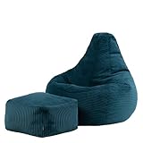 Icon Dalton Sitzsack mit Hocker Cord, Blaugrün, Gaming Sitzsack Erwachsene mit Füllung, Bean Bag, Cord Sessel, Lounge Sessel, Lounge Stuhl, Schlafzimmer, Wohnzimmer, Wohnzimmer Möbel