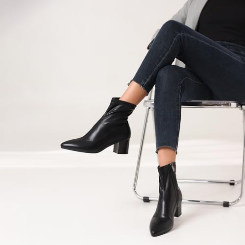 Women's Black Ankle Boots Pointed Toe Chunky Block Heel Womens Comfortable Stretch Short Booties Shoes4