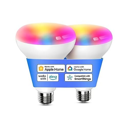 meross Smart Light Bulb, BR30 WiFi Flood LED Bulbs Support Apple Homekit, Siri, Alexa, Google, Full Color Changing RGBCW Dimmable 1300 Lumens 100W Equivalent, 2 Pack