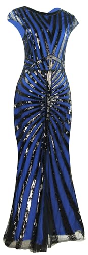 Image of Women Evening Maxi Long Dress 1920s Sequin Mermaid Hem Wedding Prom Gown Costume w / 20s Gatsby Accessories Set
