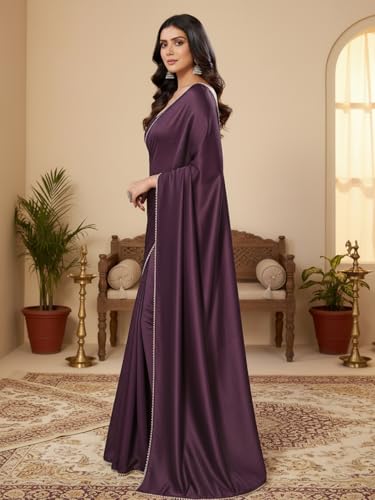 Image of FABIAN FASHION Women's Plain Japan Satin Silk Saree with Pearl Lace Border, Includes Unstitched Matching Blouse Piece - Elegant Saree(AVN 1694)
