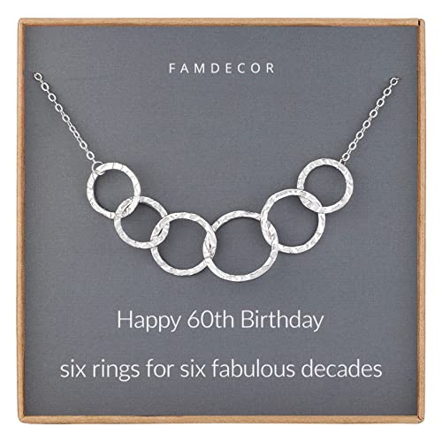 Regalos de 60 cumpleaños para mujeres, collar de plata de ley martillado con seis círculos infinitos entrelazados para mujeres, regalos de cumpleaños para mamá y abuela, Metal