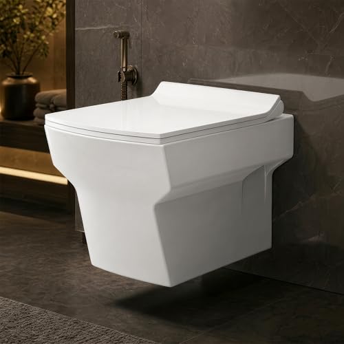 Image of Plantex Commode for Toilet /Ceramic Western Toilet /Square Wall Hung Commode with Soft Closing Toilet Seat - P Trap Outlet - (White)