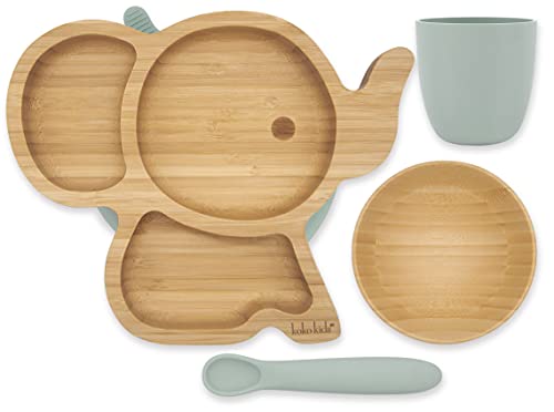 Set per lo svezzamento in bambù e silicone, piatto con ventosa a forma di elefante, ciotola in bambù e cucchiaio in...