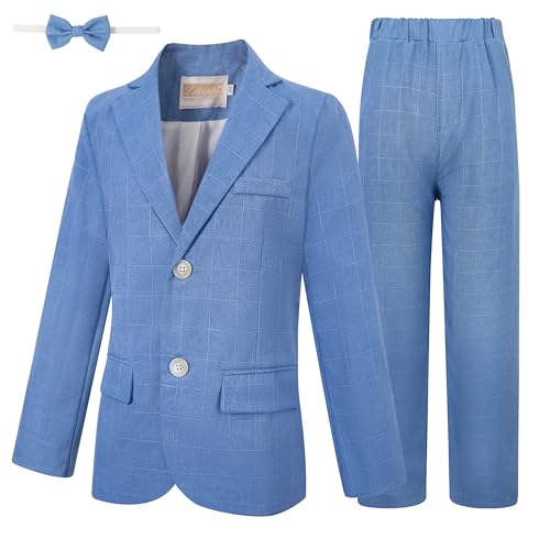 Image of LOLANTA Boys Suit Wedding Ring Bearer Outfit Kids Formal Wear Dress Clothes | Boy 3-Piece Plaid Suits, Sport Coat Blazer and Pants Set with Adjustable Bow Tie, Gentleman Birthday Party Graduation Outfits